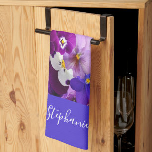 Monogram Paars Blauw Witte Bloemige Viooltjes Bloe Theedoek