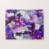 Monogram Paars Blauw Witte Viooltje Bloemen  Legpuzzel (Horizontaal)