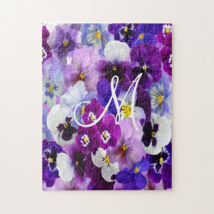 Monogram Paars Blauw Witte Viooltje Bloemen  Legpuzzel