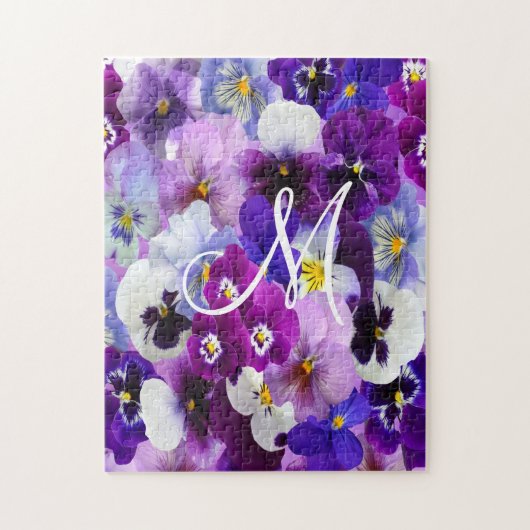 Monogram Paars Blauw Witte Viooltje Bloemen  Legpuzzel (Verticaal)