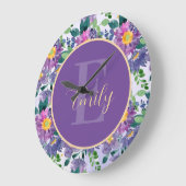 Monogram Paars Blauwe Florals Grote Klok (Hoek)