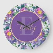 Monogram Paars Blauwe Florals Grote Klok (Voorkant)