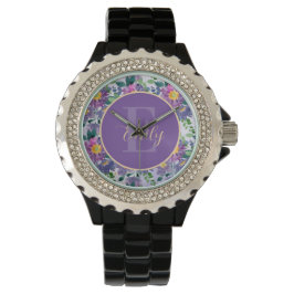 Monogram Paars Blauwe Florals Horloge