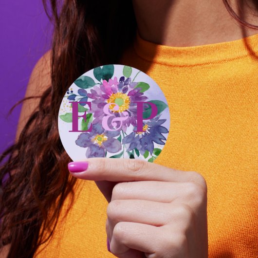  Monogram Paars Blue Floral Wedding Ronde Sticker