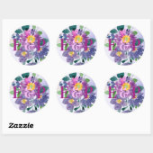  Monogram Paars Blue Floral Wedding Ronde Sticker (Vel)