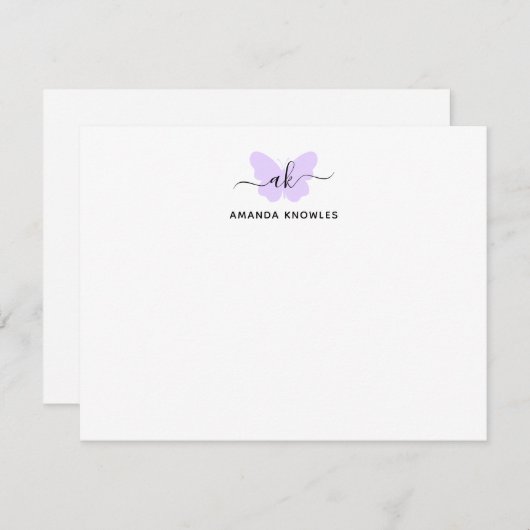 Monogram Paars Butterfly Minimalist Girly Script Notitiekaartje (Voorkant / Achterkant)