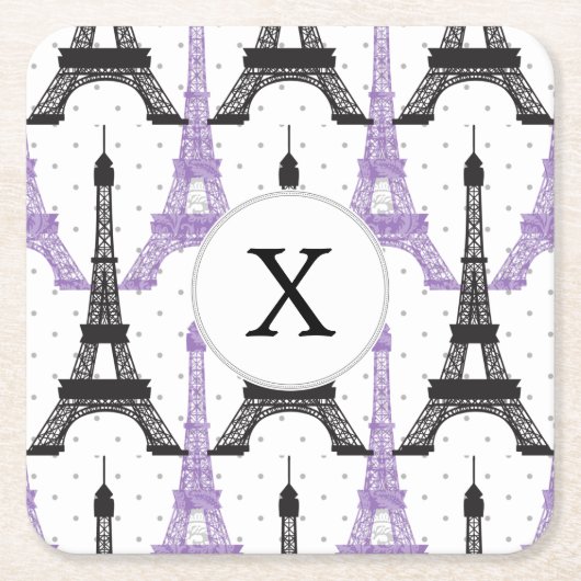 Monogram Paars Chic Eiffel Tower Patroon Kartonnen Onderzetters (Voorkant)