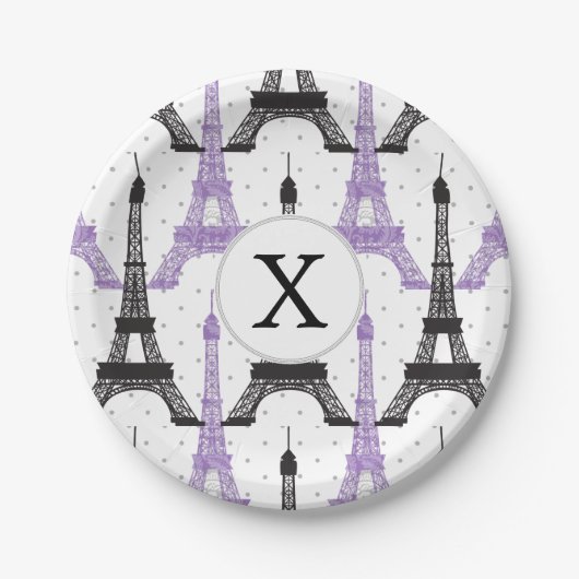 Monogram Paars Chic Eiffel Tower Patroon Papieren Bordje (Voorkant)