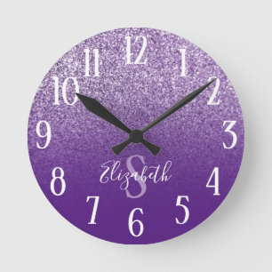 Monogram Paars en Amethist Glitter Ombre Ronde Klok