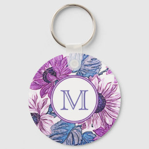 Monogram Paars en Blauw Vintage Bloem Kunst Sleutelhanger