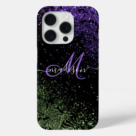 Monogram Paars en Groen Glitter Case-Mate iPhone Case (Achterkant)