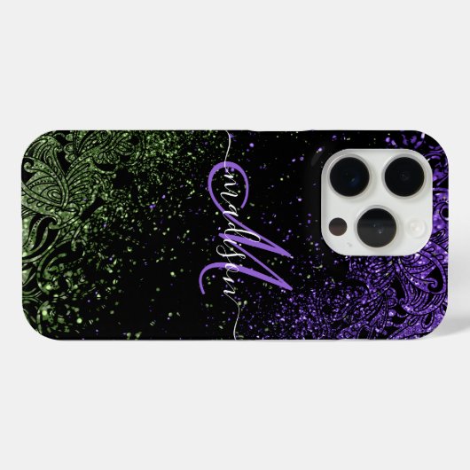 Monogram Paars en Groen Glitter Case-Mate iPhone Case (Achterkant (horizontaal))