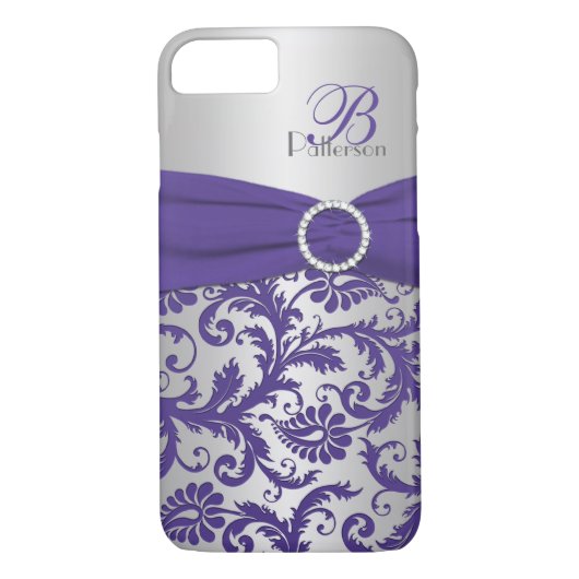 Monogram Paars en Silver Damask iPhone 7 Hoesje (Achterkant)