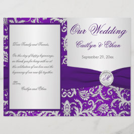 Monogram Paars en Silver Damask Wedding Program