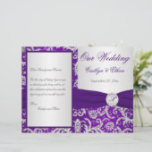 Monogram Paars en Silver Damask Wedding Program (Staand voorkant)