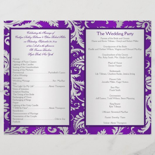Monogram Paars en Silver Damask Wedding Program (Achterkant)