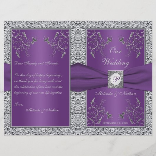 Monogram Paars en Silver Floral Wedding Programme (Voorkant)