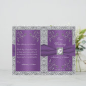 Monogram Paars en Silver Floral Wedding Programme (Staand voorkant)