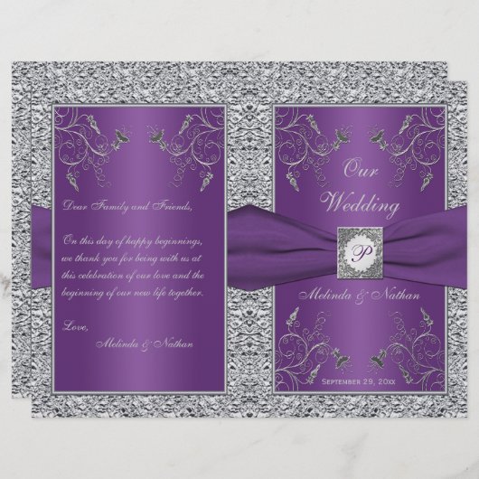 Monogram Paars en Silver Floral Wedding Programme (Voorkant / Achterkant)