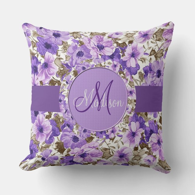  Monogram Paars en White Floral Pillow 2 Kussen (Voorkant)