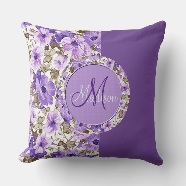  Monogram Paars en White Floral Pillow 4 Kussen (Voorkant)