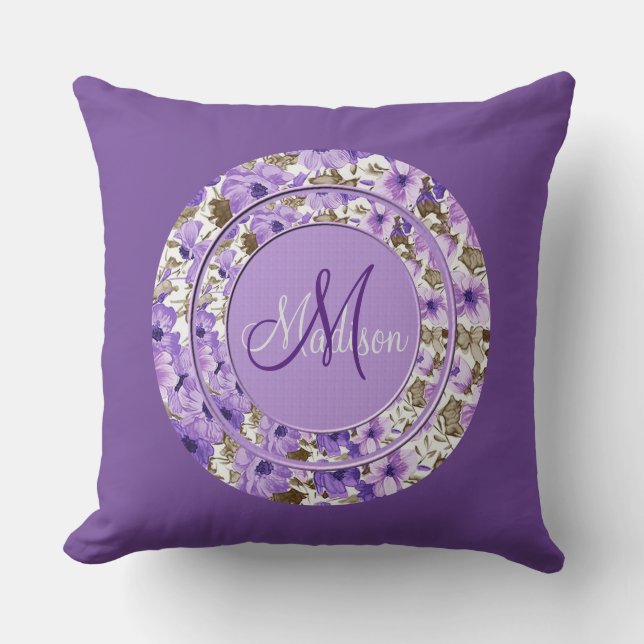  Monogram Paars en White Floral Pillow 5 Kussen (Voorkant)