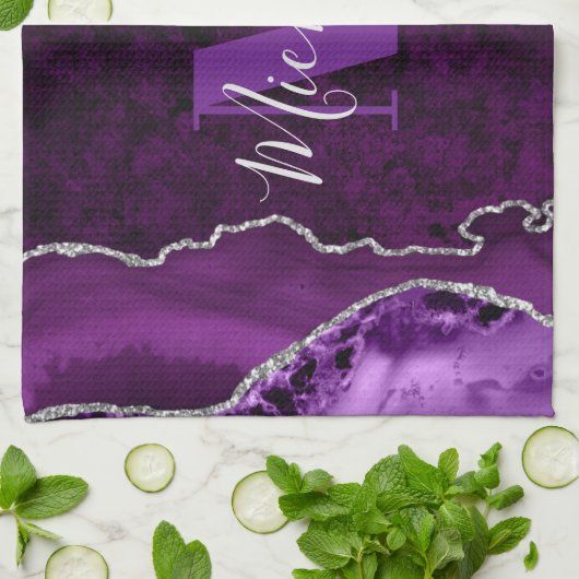Monogram Paars en zilver Glitter Marble Agate Theedoek (Gevouwen)