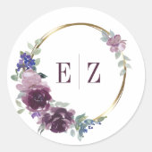 Monogram Paars Floral Boho Gold Lijst Wedding Ronde Sticker (Voorkant)