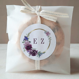 Monogram Paars Floral Boho Gold Lijst Wedding Ronde Sticker