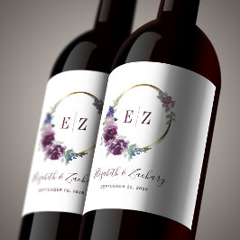 Monogram Paars Floral Wreath Boho Gold Lijst Wijn Etiket