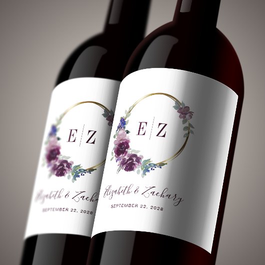 Monogram Paars Floral Wreath Boho Gold Lijst Wijn Etiket