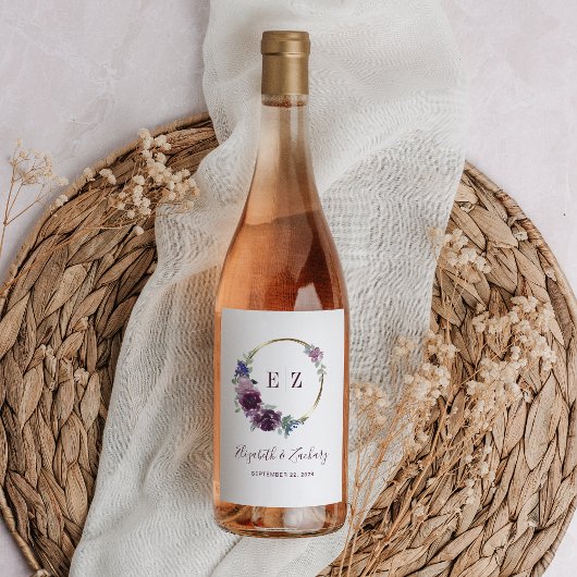 Monogram Paars Floral Wreath Boho Gold Lijst Wijn Etiket