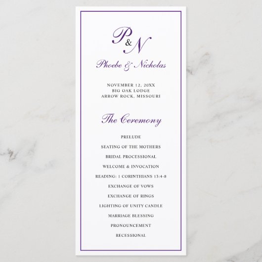 Monogram Paars Formele Elegant Wedding Programmakaart (Voorkant)