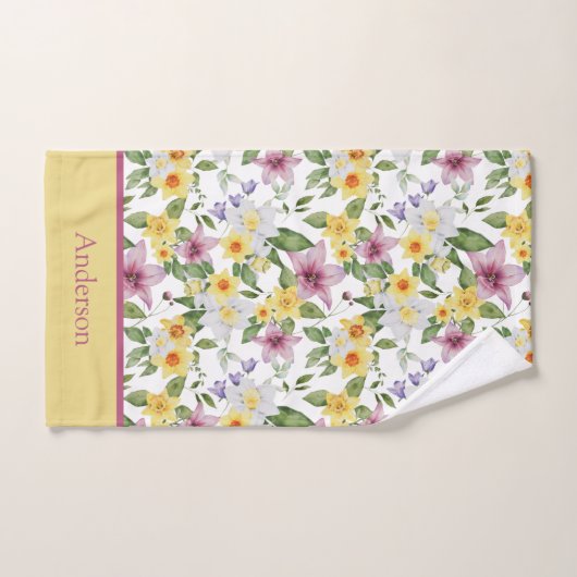 Monogram Paars Geel Wit Groen Bloemendesign Chic Bad Handdoek (Handdoek)