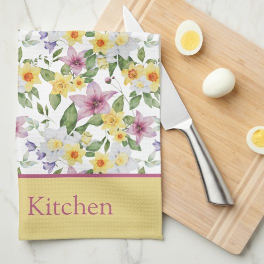 Monogram Paars Geel Wit Groen Bloemendesign Chic Theedoek (Quarter Fold)