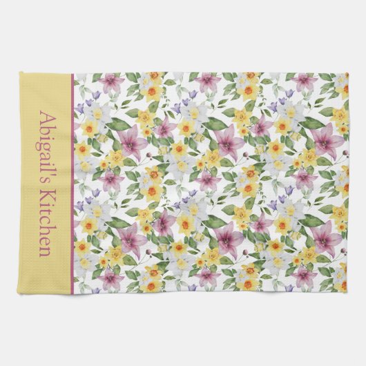 Monogram Paars Geel Wit Groen Bloemendesign Chic Theedoek (Horizontaal)