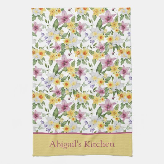 Monogram Paars Geel Wit Groen Bloemendesign Chic Theedoek (Verticaal)