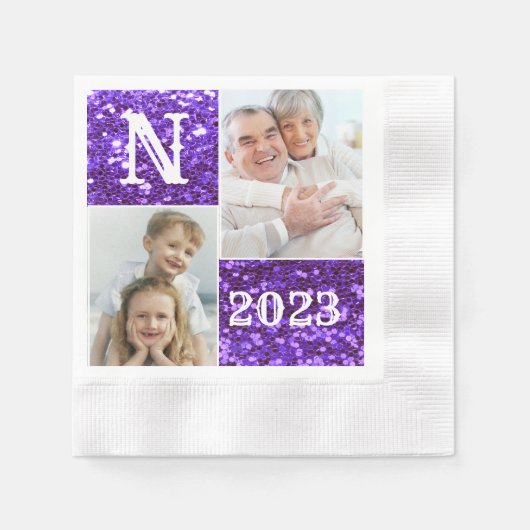 Monogram Paars Glitter 2 Foto's Collage Servet (Voorkant)