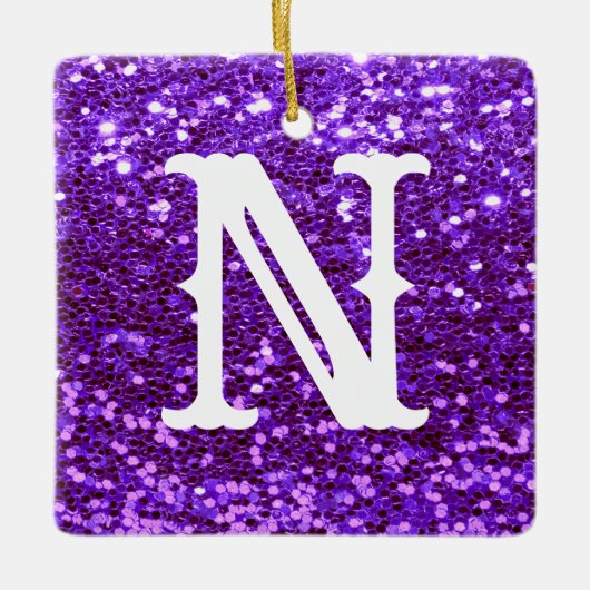 Monogram Paars Glitter Metallic Kerstmis Keramisch Ornament (Voorkant)