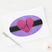 Monogram paars glitter roze hart ovale sticker (Envelop)