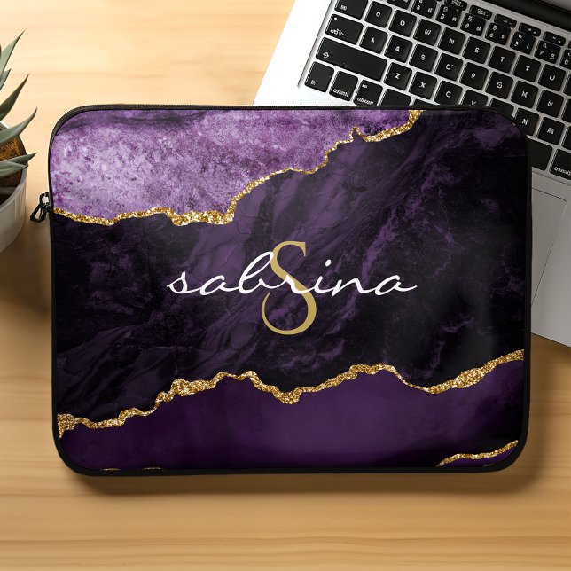 Monogram Paars Gold Agate Geode Laptop Sleeve (Creator heeft geüpload)