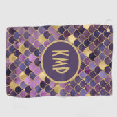 Monogram Paars Gold Mermaid Scales Trendy Golfhanddoek (Horizontaal)