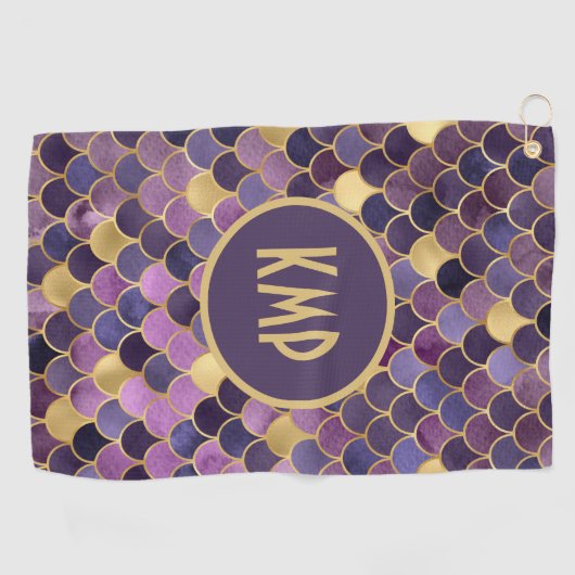 Monogram Paars Gold Mermaid Scales Trendy Golfhanddoek (Horizontaal)