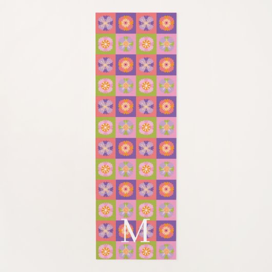 Monogram paars groen bloempatroon yogamat (Voorkant)