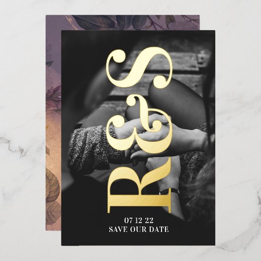Monogram Paars Herfst Save The Date Folie Uitnodiging (Voorkant / Achterkant)