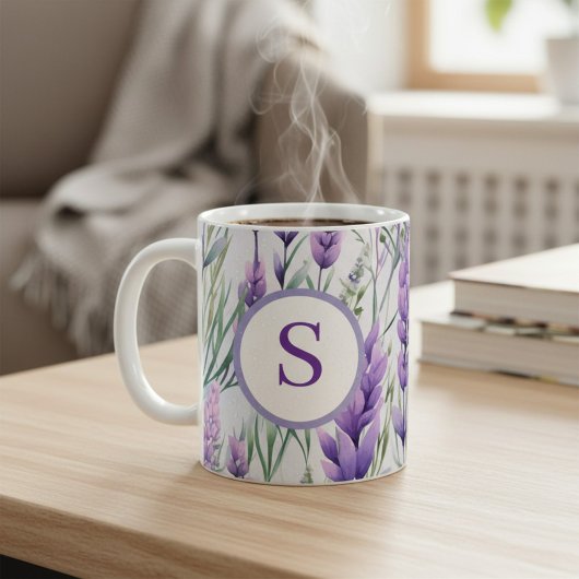 Monogram Paars Lavendel Bloemenveld Koffiemok