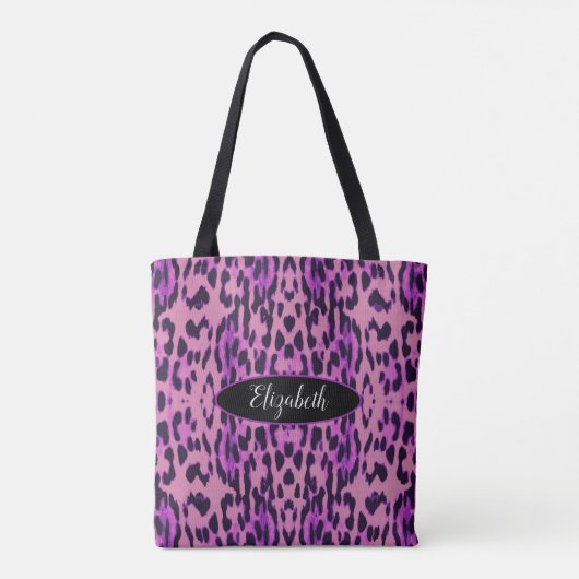 Monogram Paars Leopard Print Pattern Tote Bag (Achterkant)