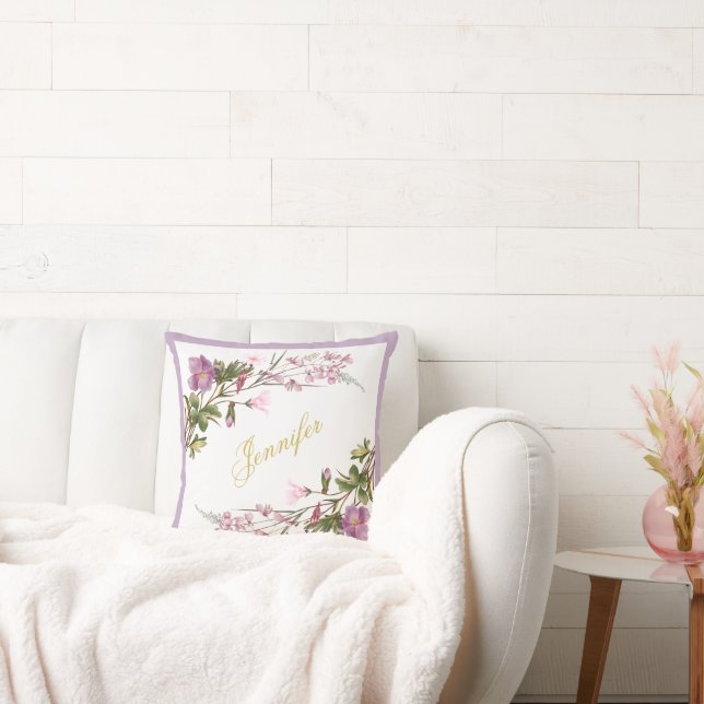 Monogram Paars Lila Roze Bouquet  Chic Kussen (Bank)