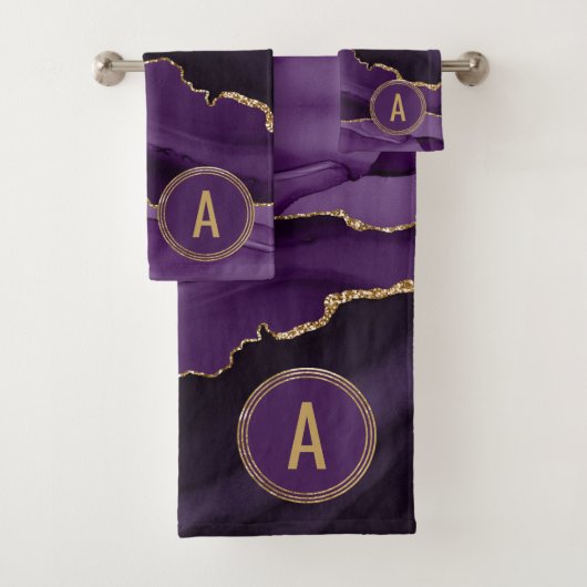 Monogram Paars marmer Agate Gold Glitter Bad Handdoek (Insitu)