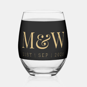 Monogram Paar's Modern Goud Zwart Bruiloft Wijnglas Zonder Voet